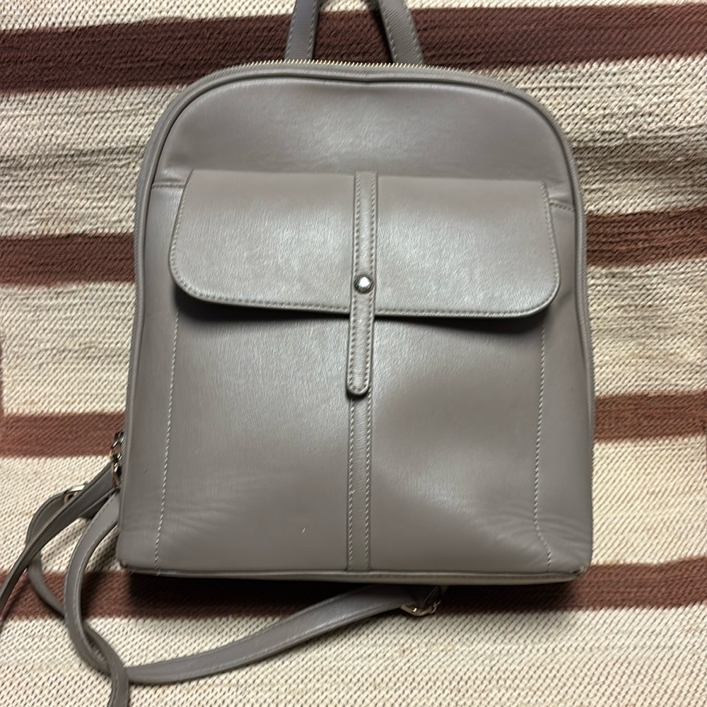 Taupe Backpack Purse Gold zippers and Buckle 12” x 12”